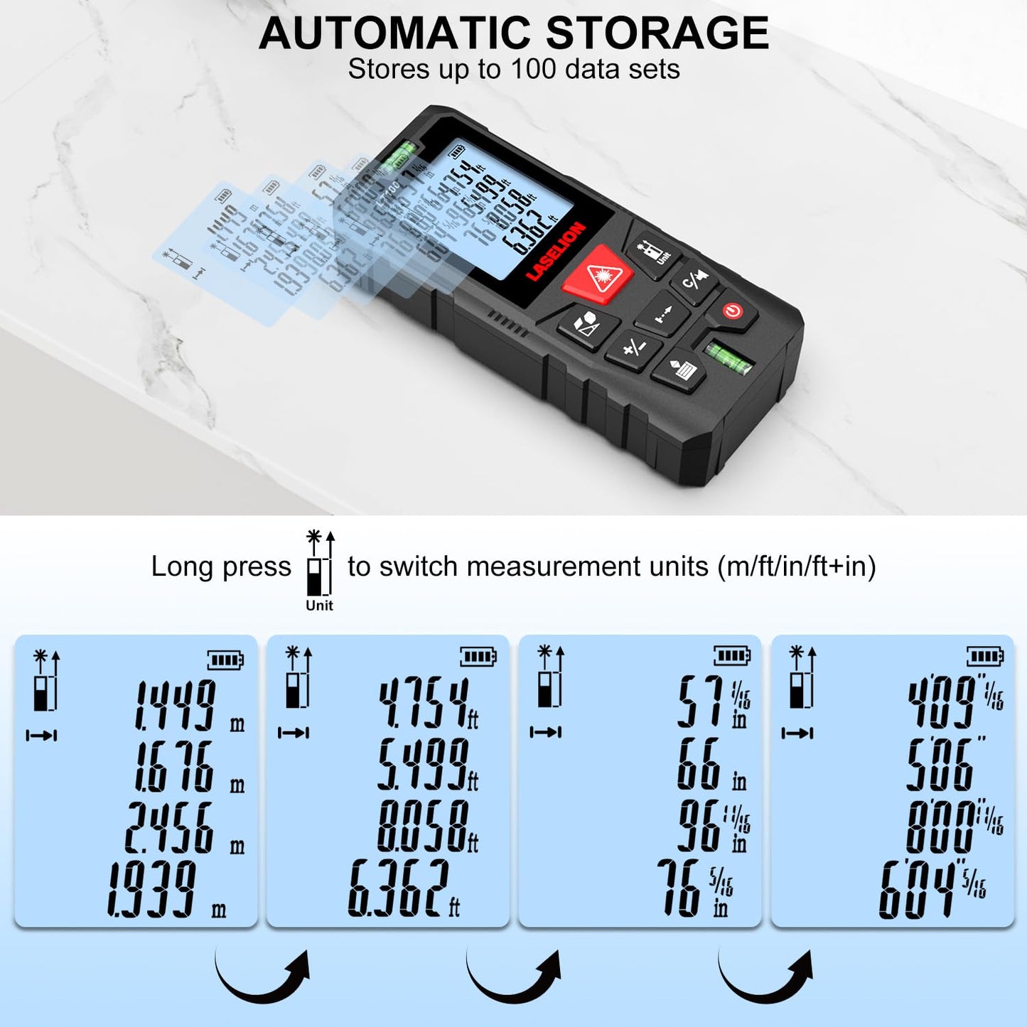 LT100 Laser Measure, 328ft/100m Laser Measurement Tool, with 2 Bubble Levels, Measuring Tool 4 Units Conversion、LCD Backlit Display, IP54 Waterproof, Pythagorean Mode for Distance, Area, Volume