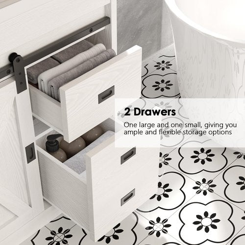 4ever2buy Farmhouse Bathroom Vanity with Sink, Bathroom Vanity Cabinet with 2 Drawers & Sliding Barn Door, White