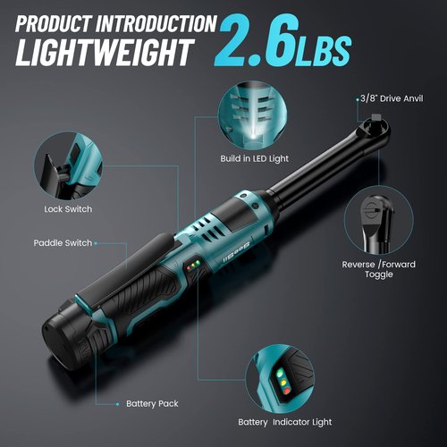Seesii 3/8" Extended Cordless Electric Ratchet Wrench, 40 Ft-lbs, 6" Long Neck, Quick Release, 220RPM, 2.0Ah Battery & Fast Charger, 7 Sockets, for Car, DIY, Mechanic Repairs