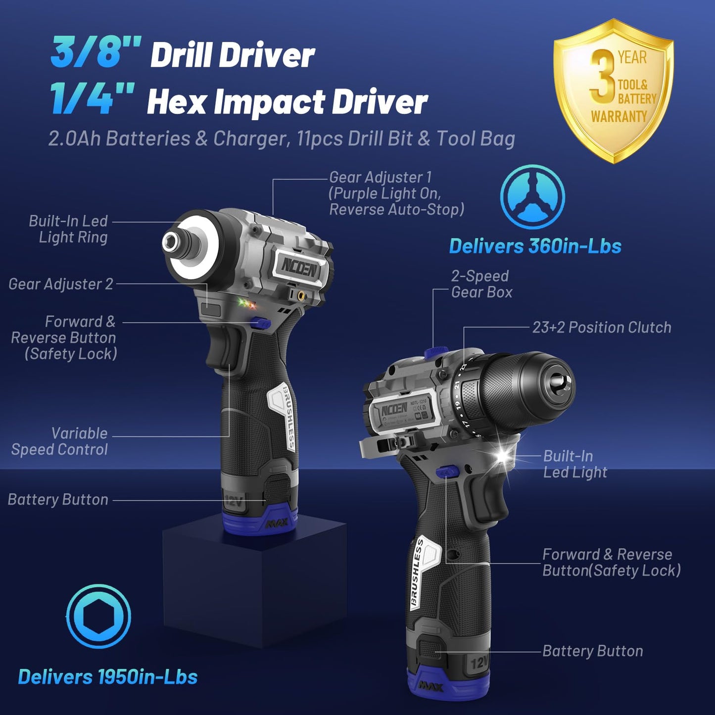 NCOEN 12V Cordless Drill and Impact Driver Power Tool Kits Combinados with 2 Batteries and Fast Charger (3/8"Drill & 1/4"Hex Impact Driver) for Home Installation,DIY tools