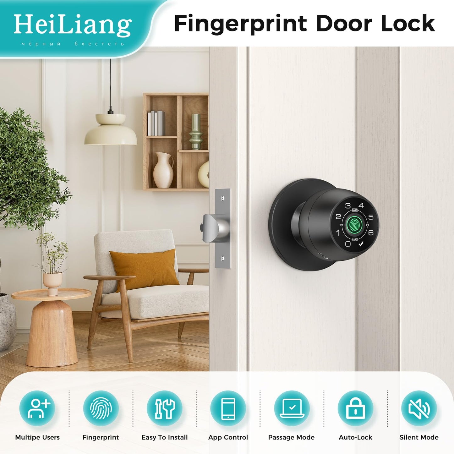 Fingerprint Door Lock，Fingerprint and Keypad Input Smart Door knob, App Controlled Biometric Door Lock, Keyless Entry, Bedroom, Office, Hotel, Apartment Auto Door knob(Matte Black)-HL-3