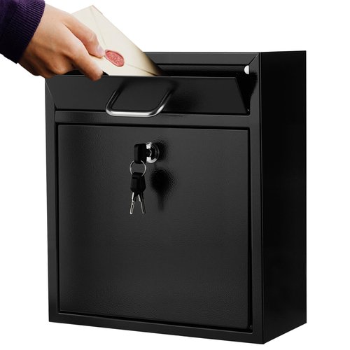 Wall Mount Locking Mailboxes for Outside Large Locking Security Mail Drop Box with Key Lock Black Metal Hanging Secure Postbox for Outdoor, House and Apartment (12 X 10.5 X 4.72 Inches)