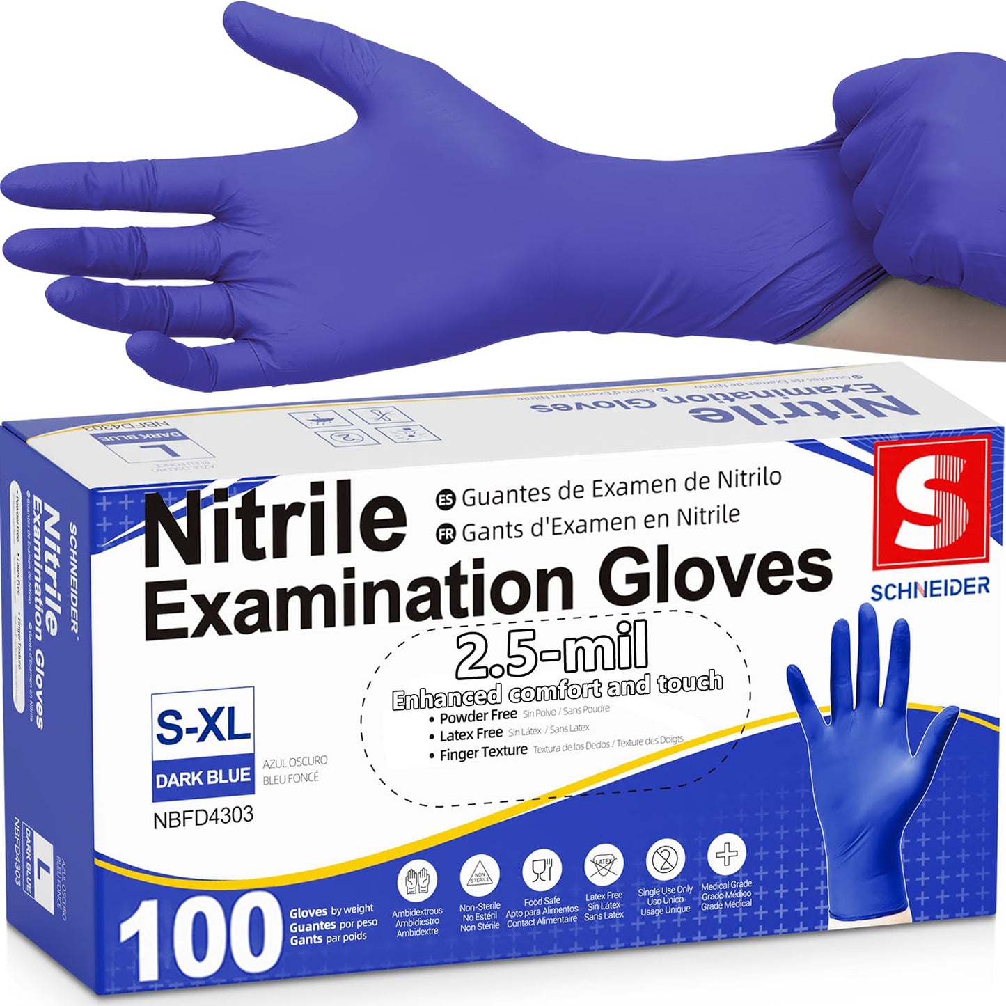 Schneider Medical Nitrile Exam Gloves, Dark Blue, Disposable Gloves, Latex-Free, Powder-Free, Food Safe for Cleaning, Cooking, Household Use,100 Count,Size Medium