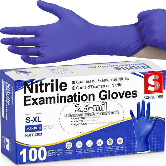 Schneider Medical Nitrile Exam Gloves, Dark Blue, Disposable Gloves, Latex-Free, Powder-Free, Food Safe for Cleaning, Cooking, Household Use,100 Count,Size Medium