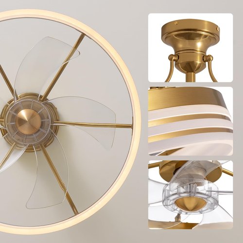 MOOONICHE 20inch Ceiling Fan With Light Gold Flush Mount Fandelier with Remote Control Modern LED Ceiling Fan 6 Wind Speeds Fandelier for Bedroom Living Room Kitchen
