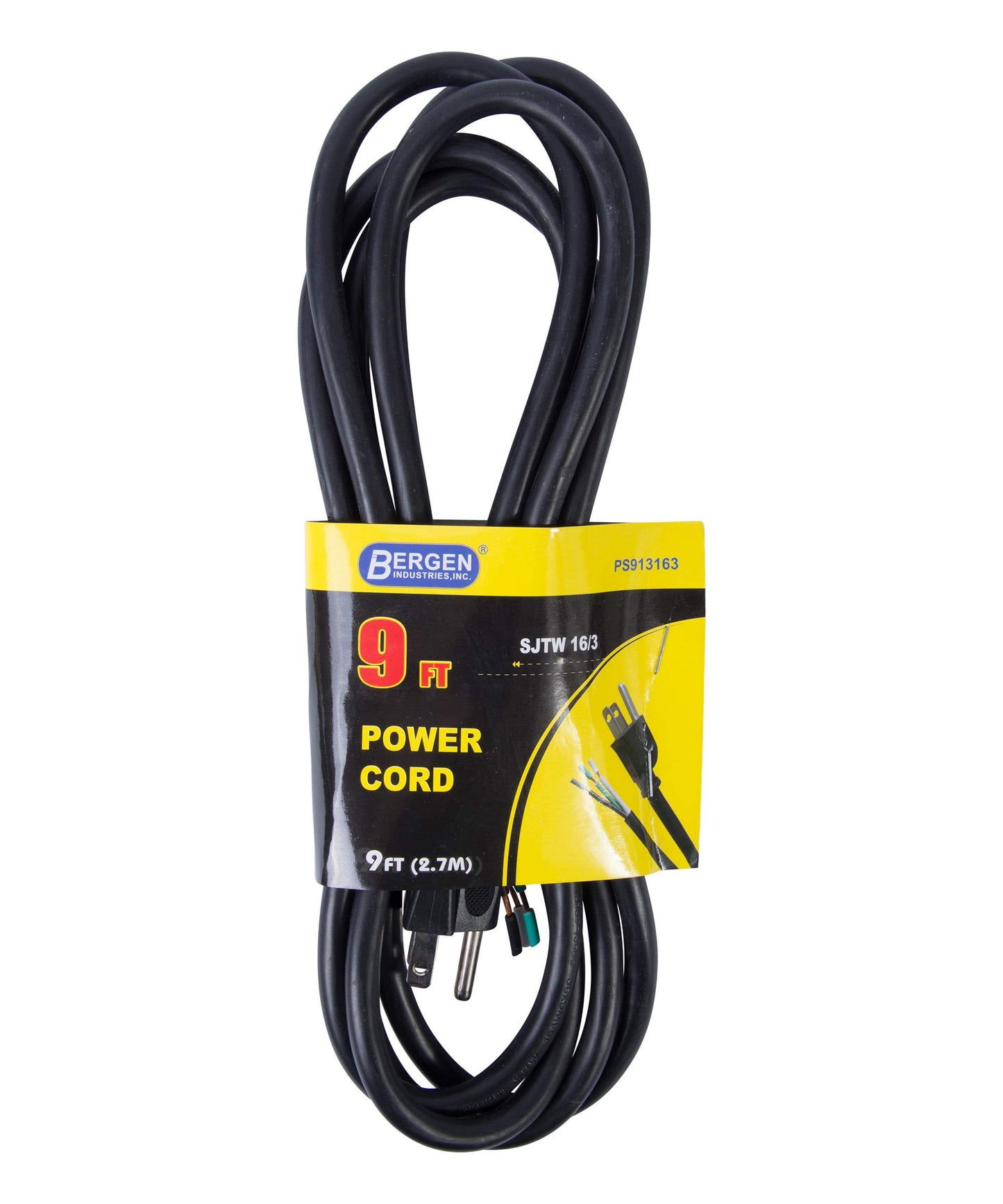 Bergen Industries Inc PS913163 3-Wire Appliance and Power Tool Cord, 9 ft, 16 AWG, 13A/125V AC, 1625w, Black