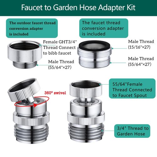 SNUTUYA Faucet to Garden Hose Adapter,Brass 3/4-Inch Garden Hose Adapter with Aerator, 360-degree Swivel for Kitchen And Bathroom,Chrome