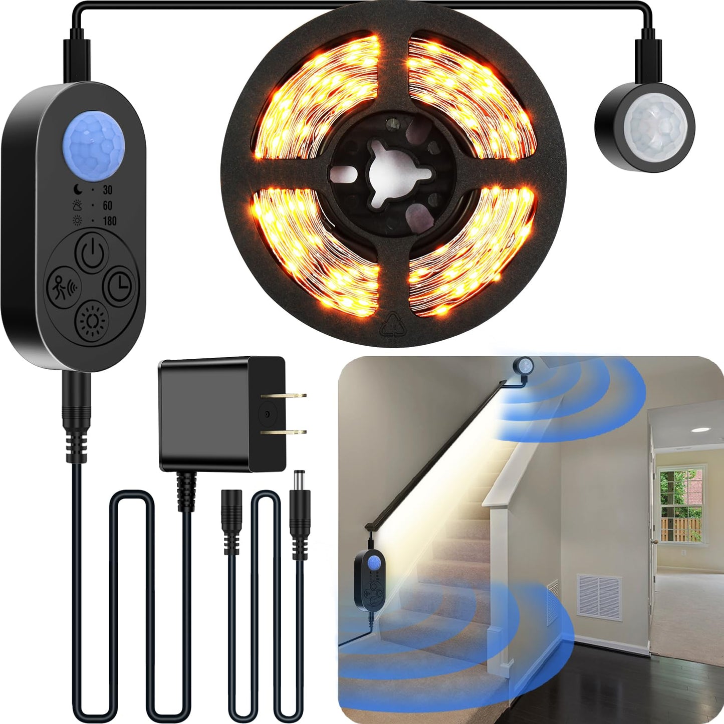 NIVOTA Dual Motion Sensor Light Indoor - Plug-in Motion Activated Step Light Strip with Double Motion Sensors, Dimmer, and Timer for Stairway, Bedroom, Corridor - Warm White 3000K, 16.4FT, 150 LEDs