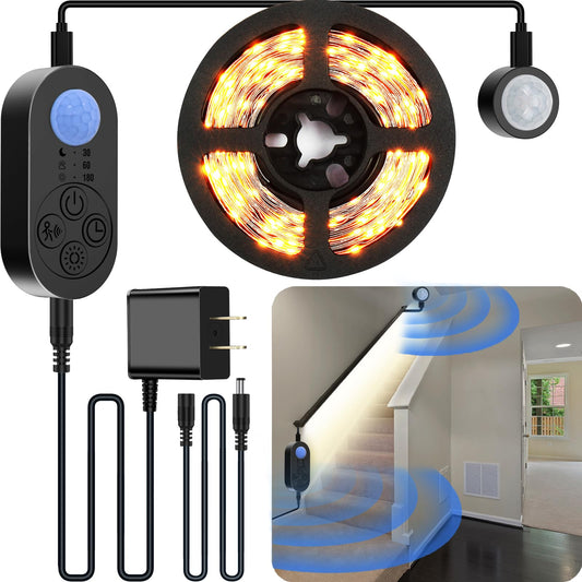 NIVOTA Dual Motion Sensor Light Indoor - Plug-in Motion Activated Step Light Strip with Double Motion Sensors, Dimmer, and Timer for Stairway, Bedroom, Corridor - Warm White 3000K, 16.4FT, 150 LEDs