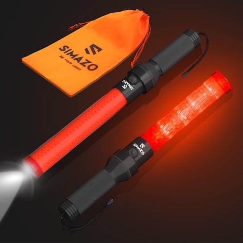 SIMAZO Traffic Wand (2-Pack), 16 Inch Traffic Control Wand with 3 Flashing Modes, Air Marshaling Signal Baton with White LED Light for Car Directing, Air Marshalling, Emergency Signaling