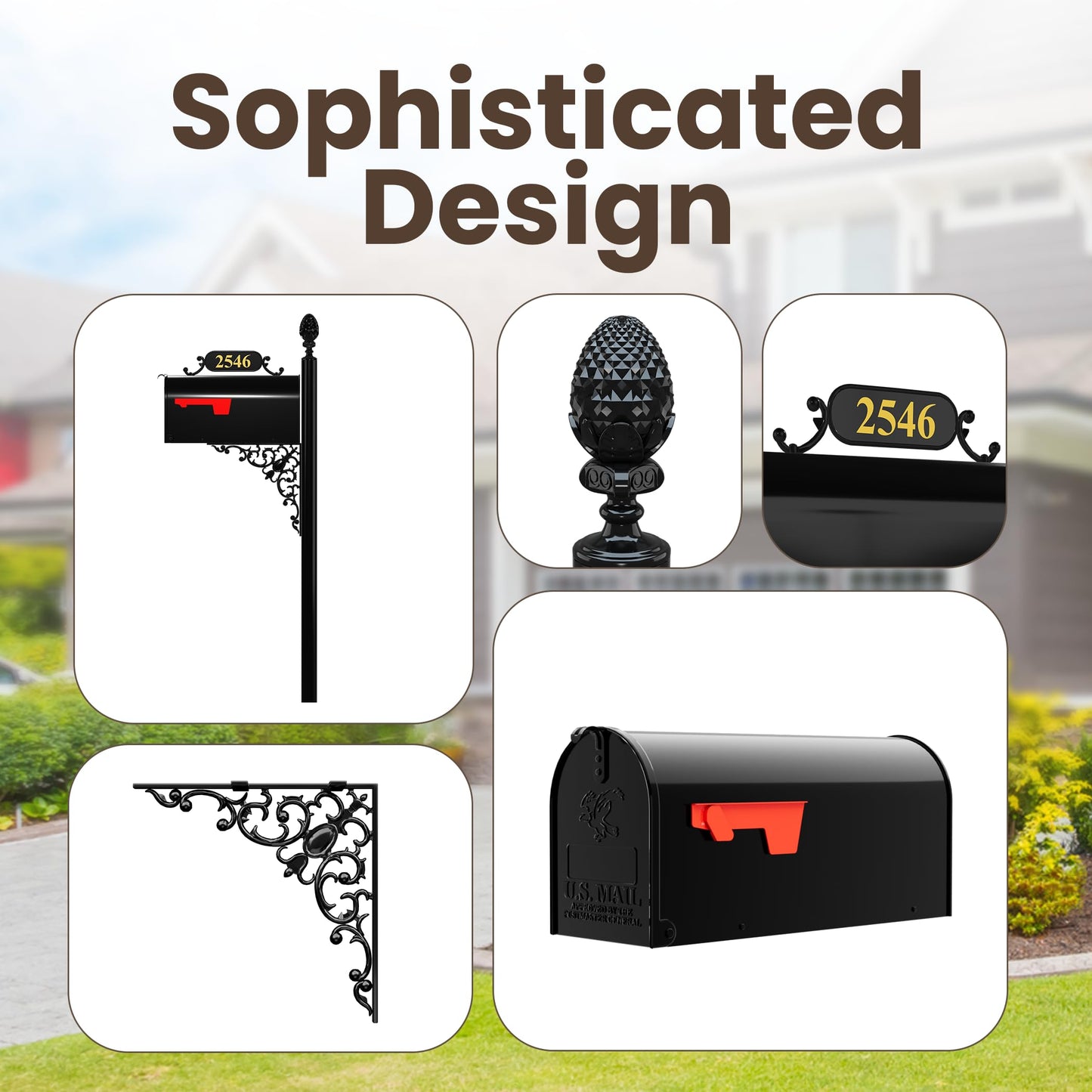 ADDRESSES OF DISTINCTION Oak Mailbox & Post Kit – Black Mailbox System – Includes Address Plaque, Bracket & Mounting Hardware – Rust Resistant Metal Mailbox with Decorative Finial