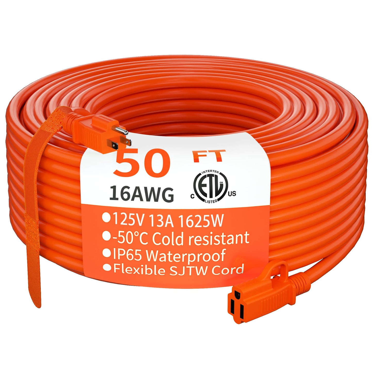 HUANCHAIN Indoor Outdoor Extension Cord 50 ft Waterproof, 16/3 Gauge Flexible Resistant Appliance Extension Cord Outside, 13A 1625W 16AWG SJTW, 3 Prong Electric Cable Orange, ETL