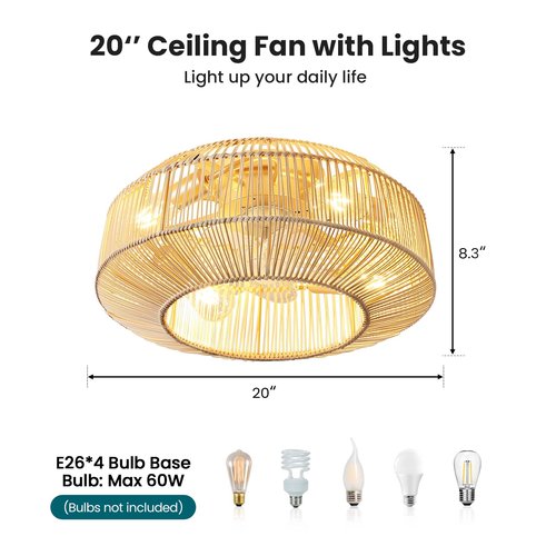 20" Boho Rattan Ceiling Fan with Lights, Flush Mount Caged Ceiling Fan with Remote, 6 Speed, Timing, Reversible Blades Enclosed Farmhouse Fan Lights for Bedroom, Kitchen