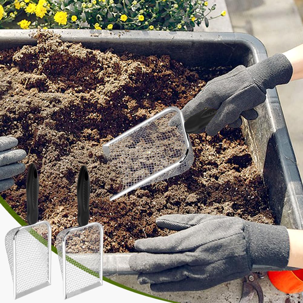 Soil Sifter for Gardening, 2 Pack Stainless Steel Garden Sifter for Soil, Compost, Dirt, Sand, Portable Rock Sifter & Shovel with 3.8mm/5.0mm Mesh & Ergonomic Handle for Gardening