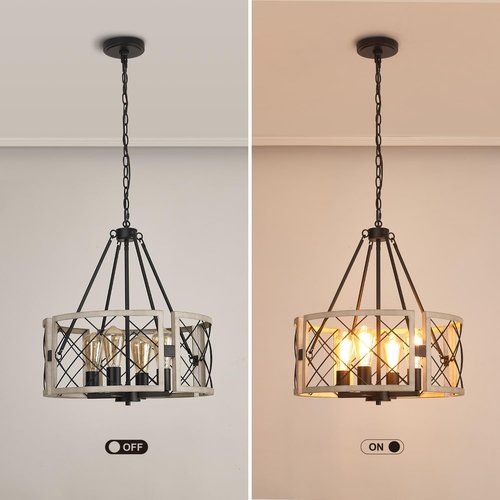 SANTOSTOCK D19'' Farmhouse Chandelier, 4-Light Adjustable Dining Room Light Fixture Kitchen Island Lighting, Rustic Hanging Lights for Entryway Foyer Bedroom Living Room, Black & White Oak