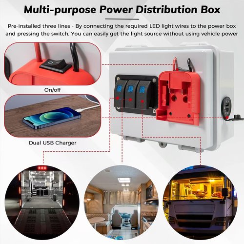 Power Distribution Box with Battery Adapter Fit for Mil.Waukee 18V Battery, Power Adapter Box with Pre-Installed Lines/Dual USB Charger/Low Voltage Protection, for RV Truck Trailer/Warehouse/Shed