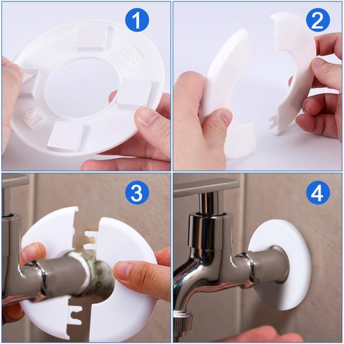 4 Pcs Faucet Escutcheons, Self-Adhesive ABS Round Wall Split Flange Plumbing Cover Plates for Kitchen Bathroom Toilet 2in Diameter Pipe Faucet Trim Fittings (White)