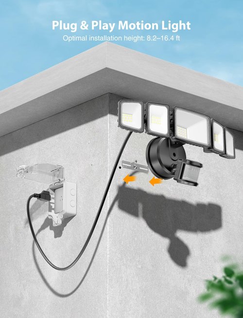 5000LM Motion Sensor Outdoor Lights Plug in, 5 Head Motion Sensor Flood Light Outdoor with Remote, Dusk to Dawn Outdoor Lighting, IP65 Waterproof Motion Detector Lights for Outside, Black
