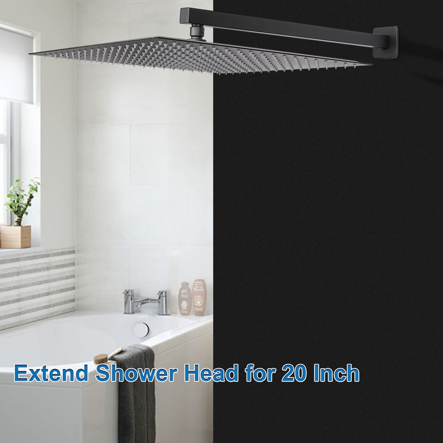 HarJue Shower Arm, Rain Shower Head Extension Extender, With Flange and Teflon Tape, Made of Thicken Stainless Steel for Bathroom Rainfall Shower (20 Inch, Matte Black)