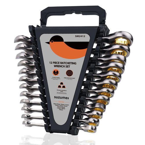 SUZUME 12-Piece Metric Ratcheting Wrench Set (8-19mm) 72T Cr-V 15K+ Cycle Locked Gears Nickel Plated & Organizer for Tight Engine Bays Auto Truck Motorcycle Bike Repair