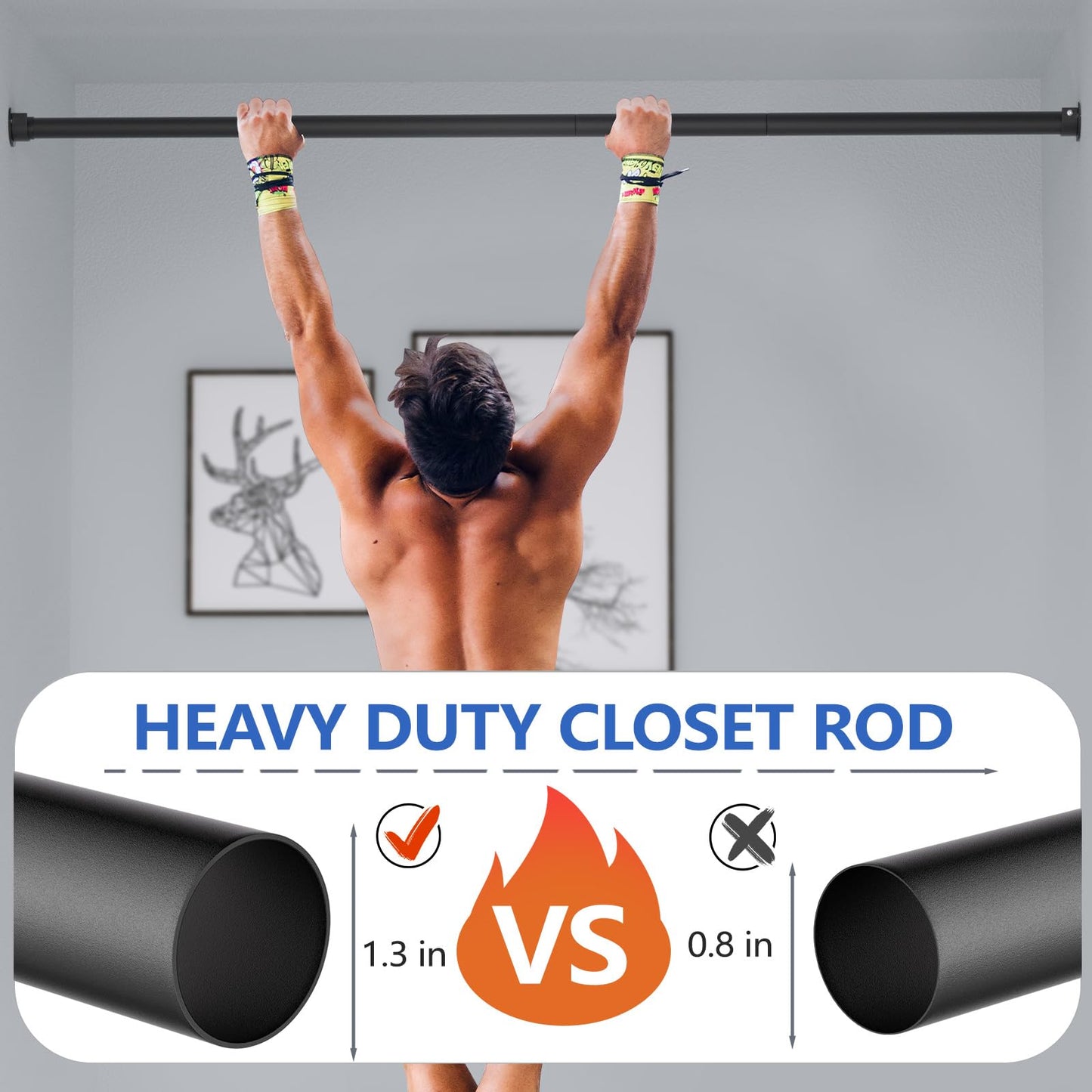 SUTINE Closet Rods for Hanging Clothes, 17 to 53 Inch Closet Rod, Heavy Duty Adjustable Clothes Hanging Bar Rod Matte Black Closet Poles for Wardrobes, Closet, Bathroom, Windows,1.3 Inch Diameter