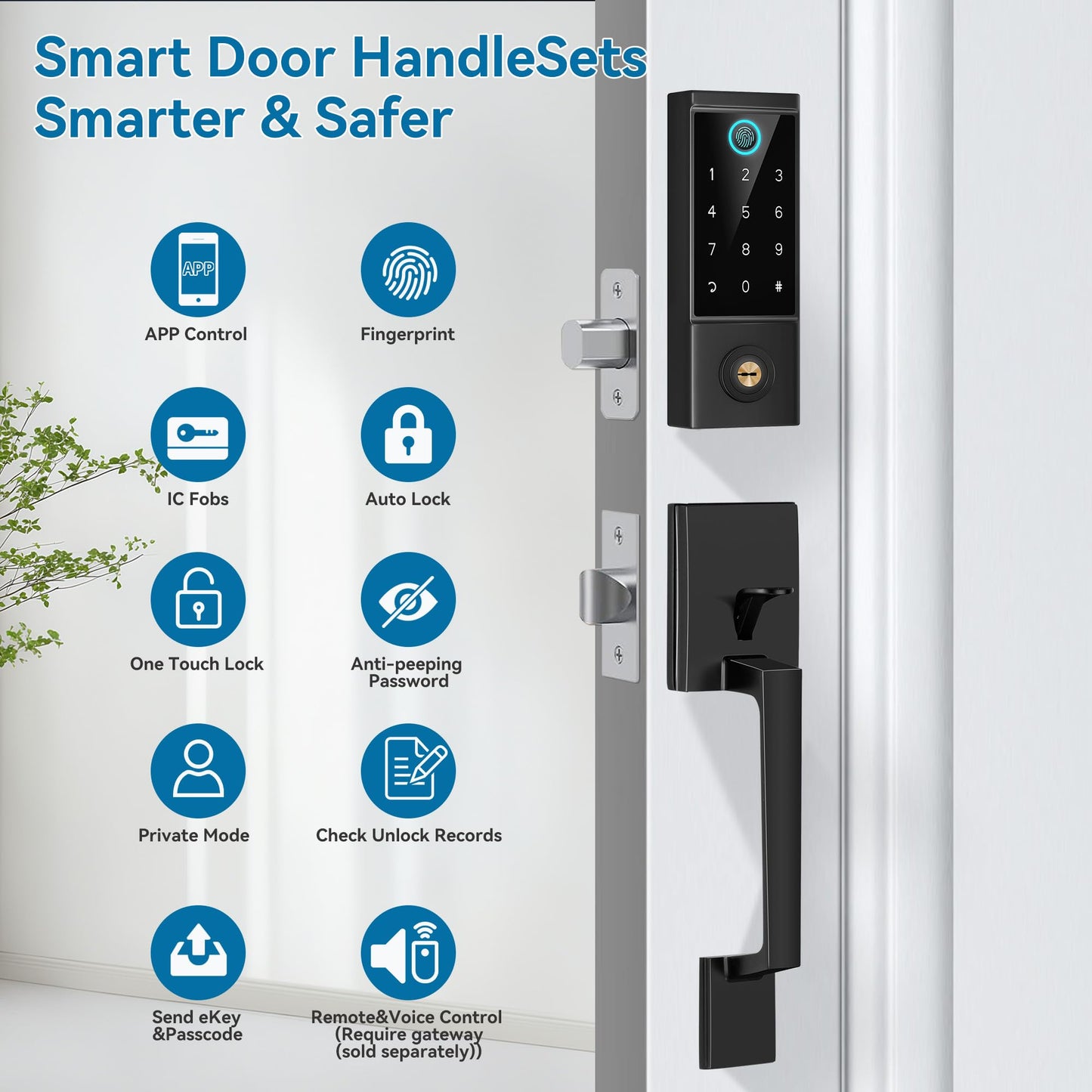BEBASIA Smart Door Lock with Front Door Handle Set, Heavy Duty Fingerprint Handleset, Keyless Entry Smart Deadbolt for Front Door, Bluetooth Keypad Digital Lock Black