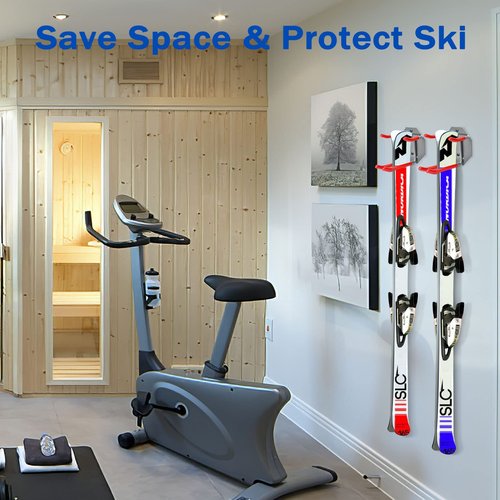 XBA Wall Mounted Ski Organizer - 2 Pair Ski & Pole Rack with Padded Hooks & Elastic Straps - Heavy Duty Indoor/Outdoor Storage
