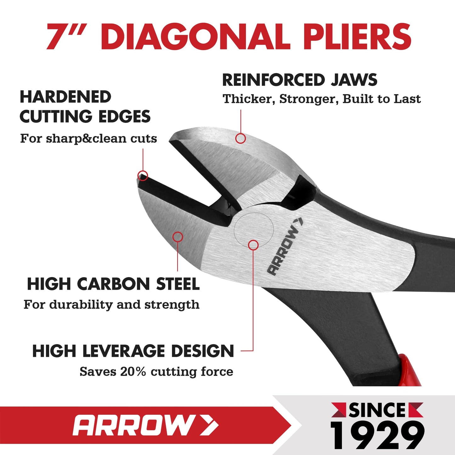 ARROW 7" High Leverage Diagonal Cutting Pliers, Heavy Duty Wire Cutters with Comfortable Grip, Side Cutters for Cutting Wires