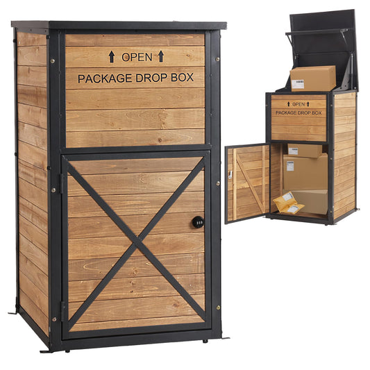 Package Delivery Box for Porch with Lockable Secure, Large Outdoor Parcel Storage Anti Theft -Waterproof Parcel Mailbox with Iron Frame & Natural Wood
