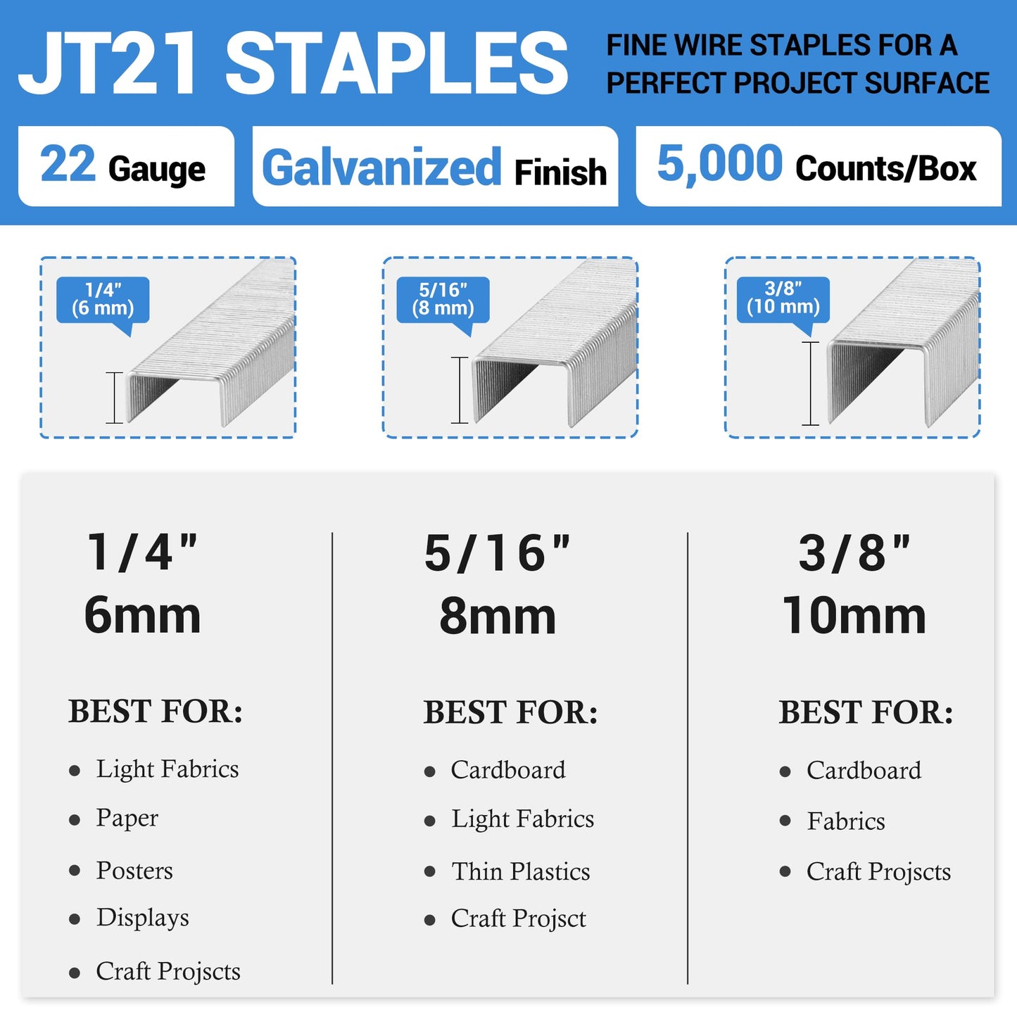 meite JT21 Staples, 3/8 Inch Galvanized Fine Wire Staples for Staple Gun - 7/16" Crown JT21 Staple Refill, Ideal for Upholstery, Crafts, Furniture (1 Case)