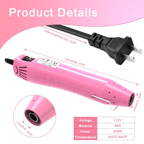 Heat Gun, Mini Heat Gun for Shrink Tubing, Portable Heat Gun for DIY Crafts, 300W Heat Air Gun with Reflector Nozzle, Shrink Wrap Gun Tool for Shrink Packaging PVC, Drying Paint, Clay - Pink