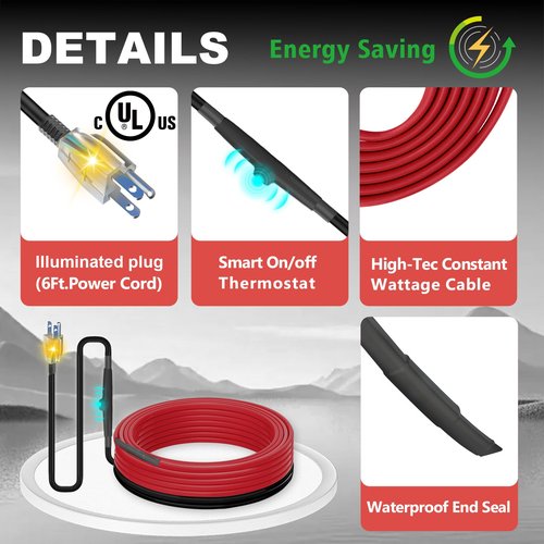 MAXKOSKO 7 Feet Pipe Heat Cable for Water Pipe Freeze Protection, Heat Tape with Thermostat for Metal And Plastic Home Supply Pipes, Electric Pipe Heating Trace System 120 V