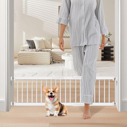Metal Short Dog Gate - 16.5"-44" Adjustable Extra Wide, 14" Tall Pressure Mount Indoor Pet Gate, Easily Step Over Dog Gates with 3 Extension Kits, Small Puppy Gate for Doorways & Stairs