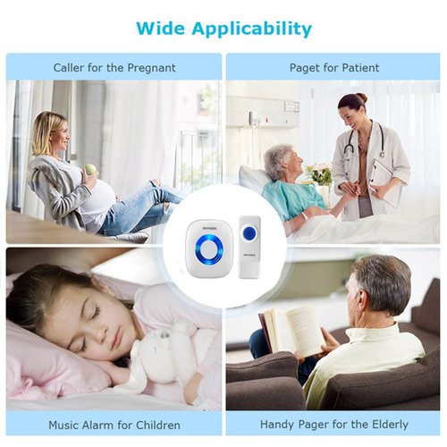 Wireless Doorbell, PHYSEN Waterproof Door bell Chime Kit Operating at 1300-ft Range 58 Adjustable Melodies 5 Volume Levels & LED Flash, Doorbell Alarm for Home/Classroom, 2 Push Buttons+4 Receivers