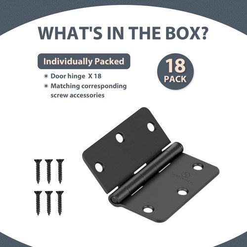 SORGMACH Door Hinges 3 1/2 Inch Matte Black 3.5 Inch Interior Hinges 1/4" Radius Iron Hinge 3 ½"x 3 ½" Door Hardware - 18 Pack