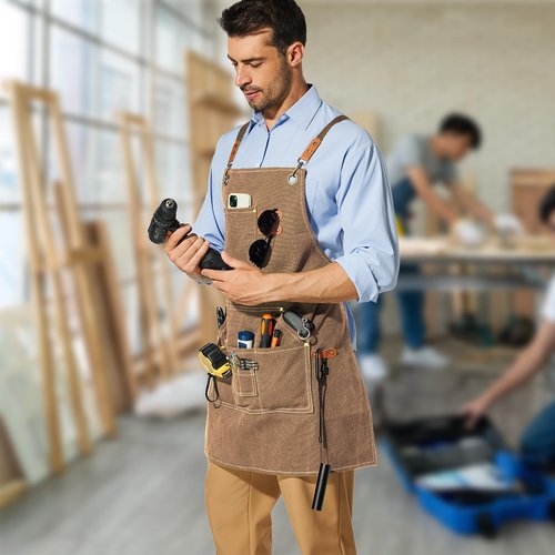 FOTVEFLEIR Chef Apron for Men Women with 7 Tool Pockets, Cotton Canvas Cross Back Water-resistant Work Apron, Size M to XXL (Brown)