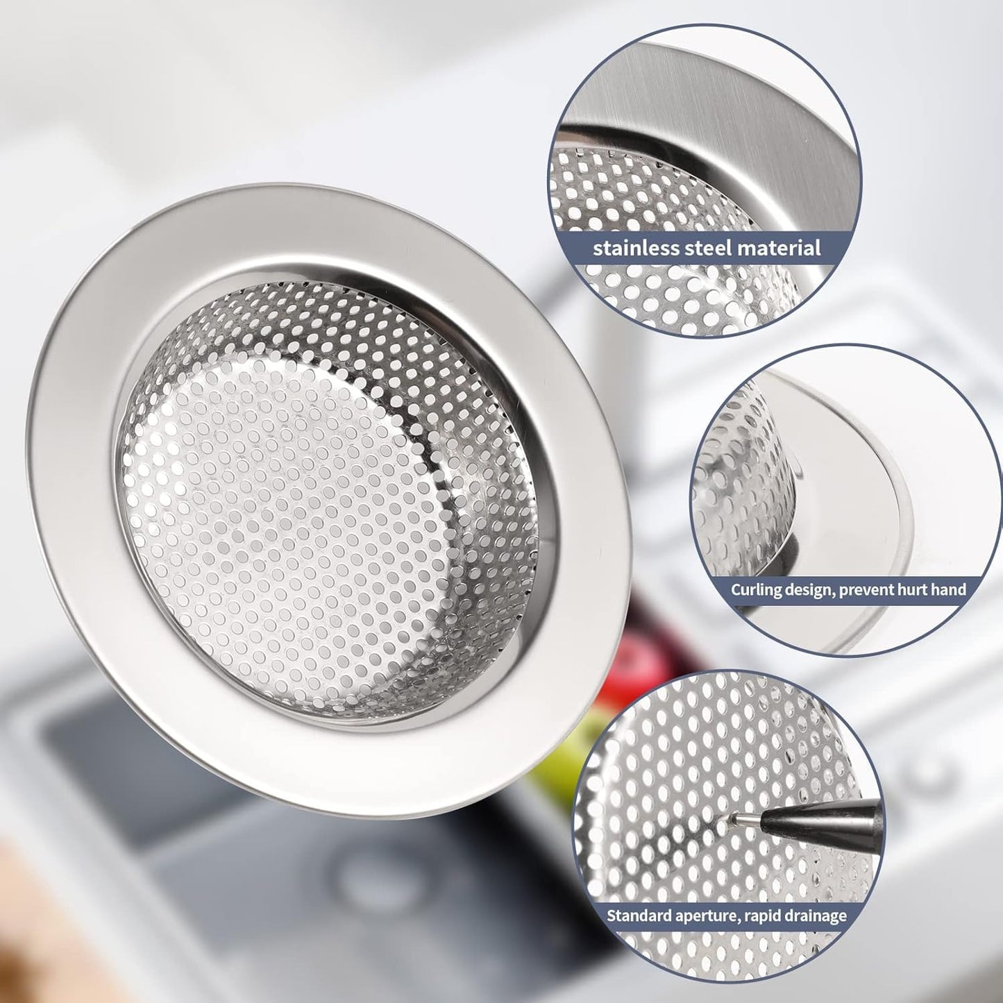 RQYEKDO Polished Kitchen Sink Strainers Sink Stopper Kits, Stainless Steel Sink Drain Strainer Set,Large Wide Rim 4.4" Diameter Food Catcher Garbage Disposal Plug for Most Sink Drains Basket Filter