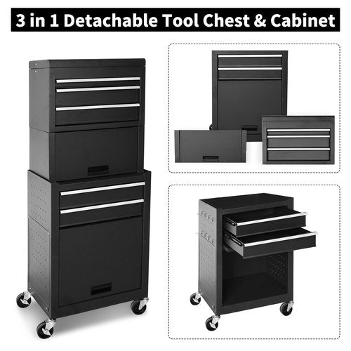 Rolling Tool Chest, 3-in-1 Detachable Metal Tool Box with Wheels & Drawers, High Capacity Toolbox Organization Sliding Drawers Garage Storage Box Cabinet Tools Cart for Warehouse Workshop