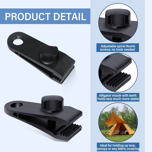 45Pcs Tarp Clips Heavy Duty Lock Grip with Carabiner Clips and Bungee Cords Set, Tarp Clamps Shark Tarp Fasteners Awning Clips Tent Clips Tarp Tie Down for Awnings Camping Caravan Canopies