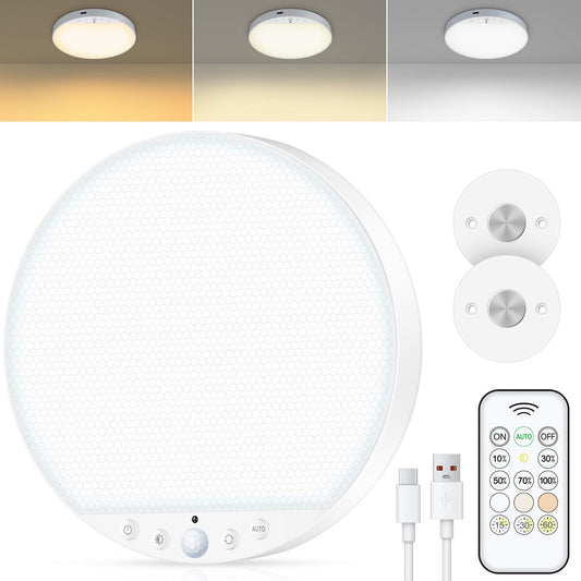 Rechargeable 6W Motion Sensor Ceiling Light Indoor, No Wiring & Magnetic Stick-On, Remote Control for Color & Brightness, Battery Operated Light for Shower, Closet, Bathroom, Pantry, Hallway, 1-Pack