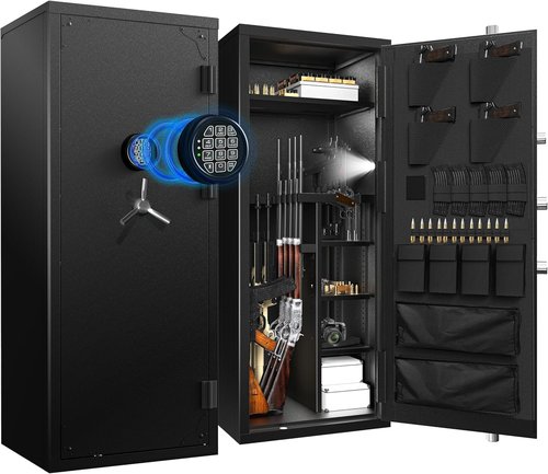 30 Gun Safe, Large Rifle Safe for Rifle and Shotgun/Rifle Pistol Rack/Storage Pocket/Removable Shelf/Silent Mode/External Battery/LED/Key,180° Open Door Panel Organizer Long GunSafe(Large Version)