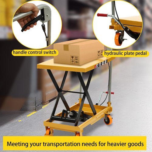 Yellulu Hydraulic Table Cart, 500lbs Capacity Cart Lift Table Cart, Manual Scissor Lift Table, Elevating Hydraulic Cart - with 4 Wheels and Foot Pump - 30.5" Lifting Height, Yellow