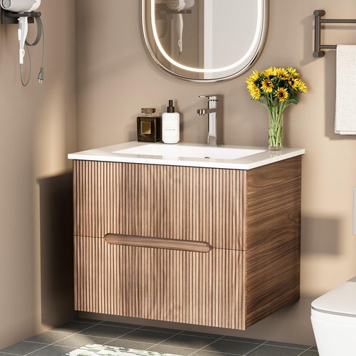 24'' Floating Bathroom Vanity Set, Wall Mounted Bathroom Cabinet with Ceramic Sink, 2 Fluted Drawers & Hidden Handles(Natural)