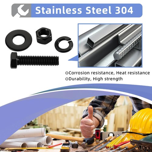1/4-20 x 3 Hex Head Screws Bolts, Nuts, Flat & Lock Washers, Fully Threaded, Stainless Steel 18-8, Black Finish, 8 Sets