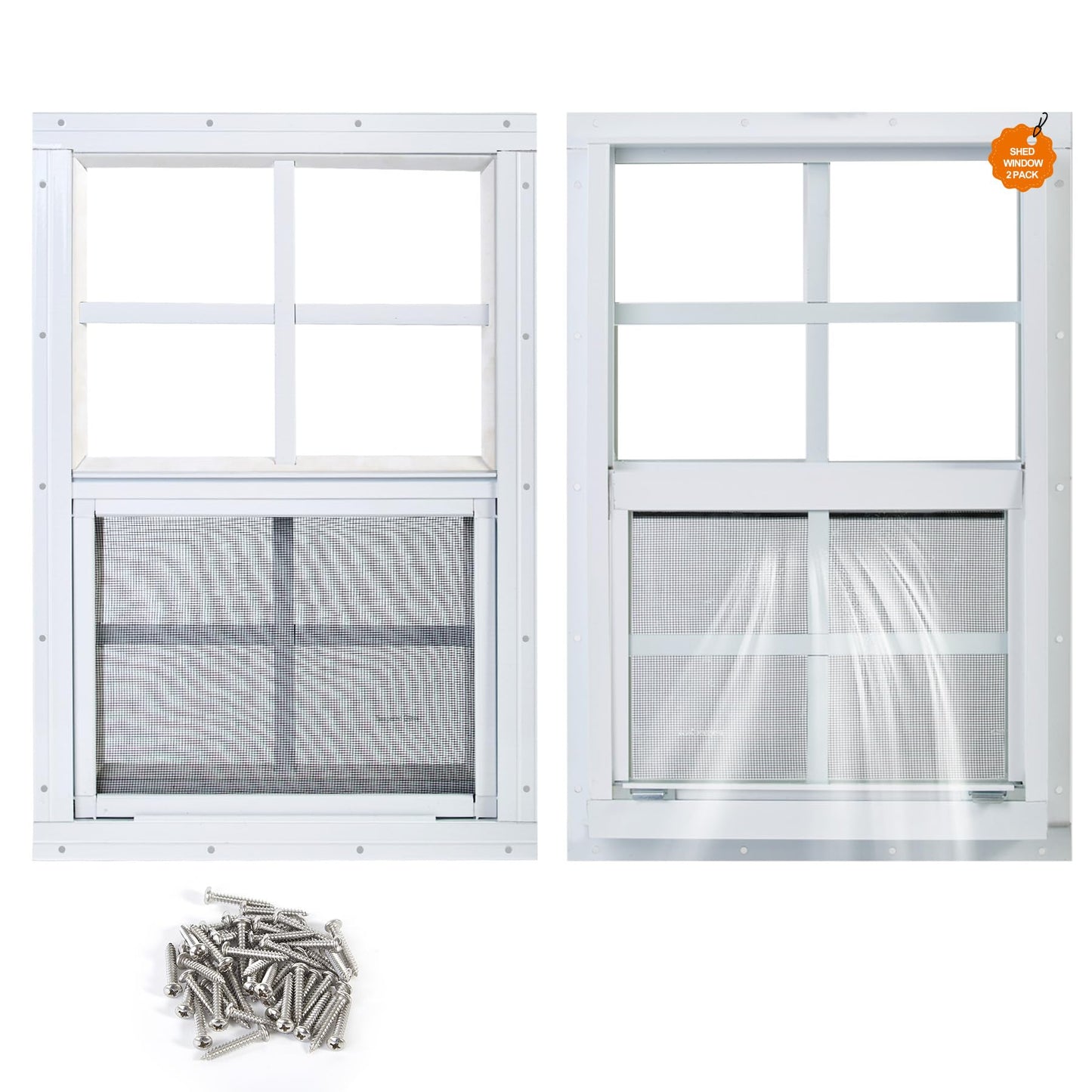 Kevirice Shed Window 2 Pack 14"X21" White Flush Mount Small Sliding Household Windows with Tempered Glass and Fiberglass Screen for Shed,Chicken Coop, Playhouse,Barns,Garage