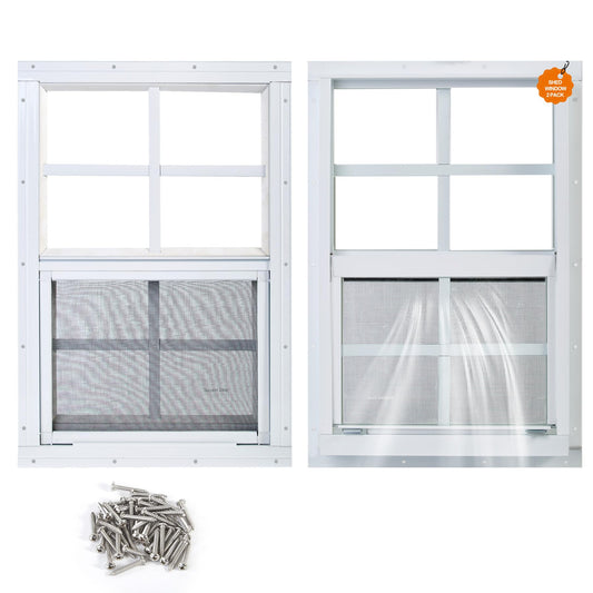 Kevirice Shed Window 2 Pack 14"X21" White Flush Mount Small Sliding Household Windows with Tempered Glass and Fiberglass Screen for Shed,Chicken Coop, Playhouse,Barns,Garage