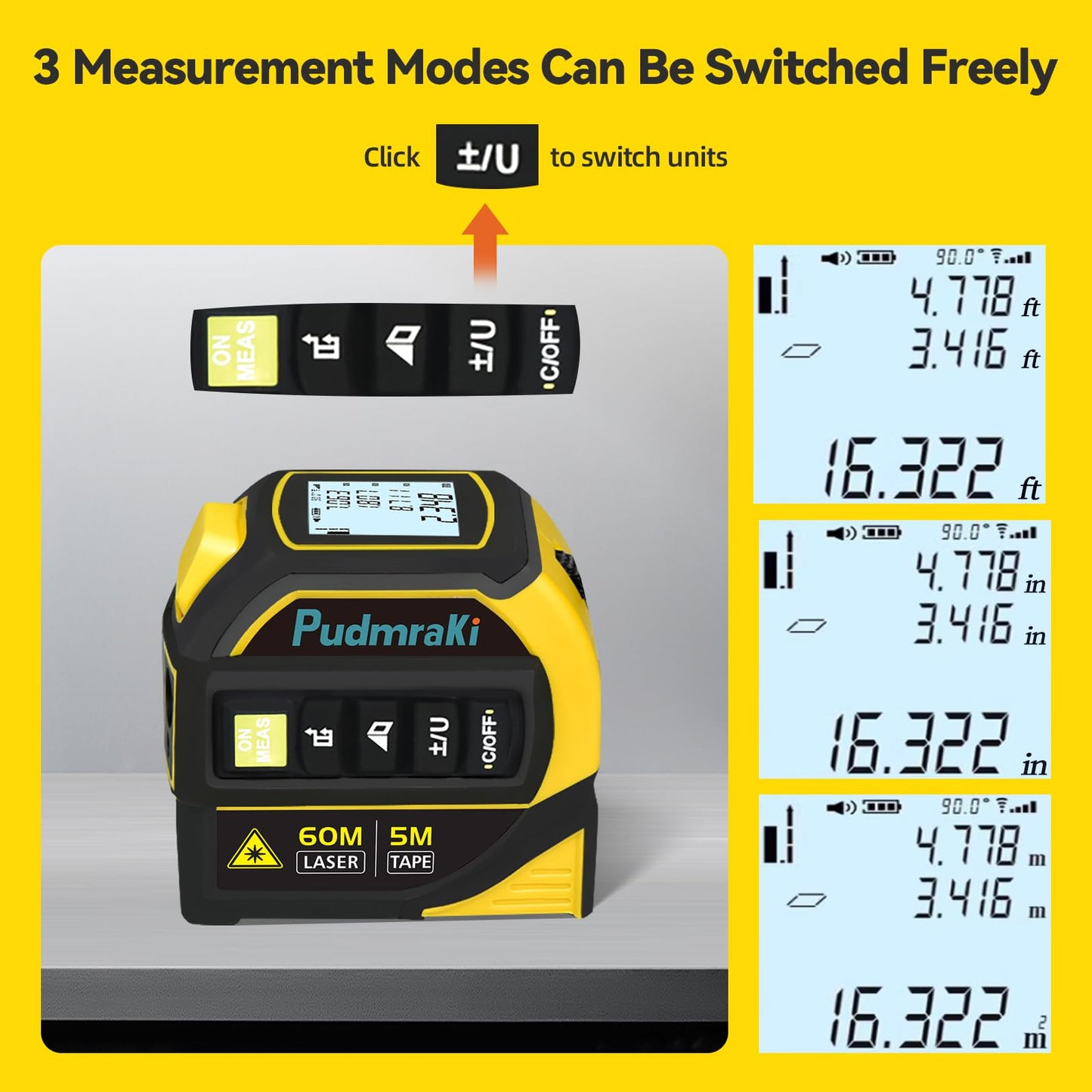 PudmraKi 4-in-1 Laser Tape Measure 196.85Ft Laser Ranging 16.4ft Digital Tape Measure Area, Volume Measurement, Pythagorean Mode, Waterproof and Rechargeable