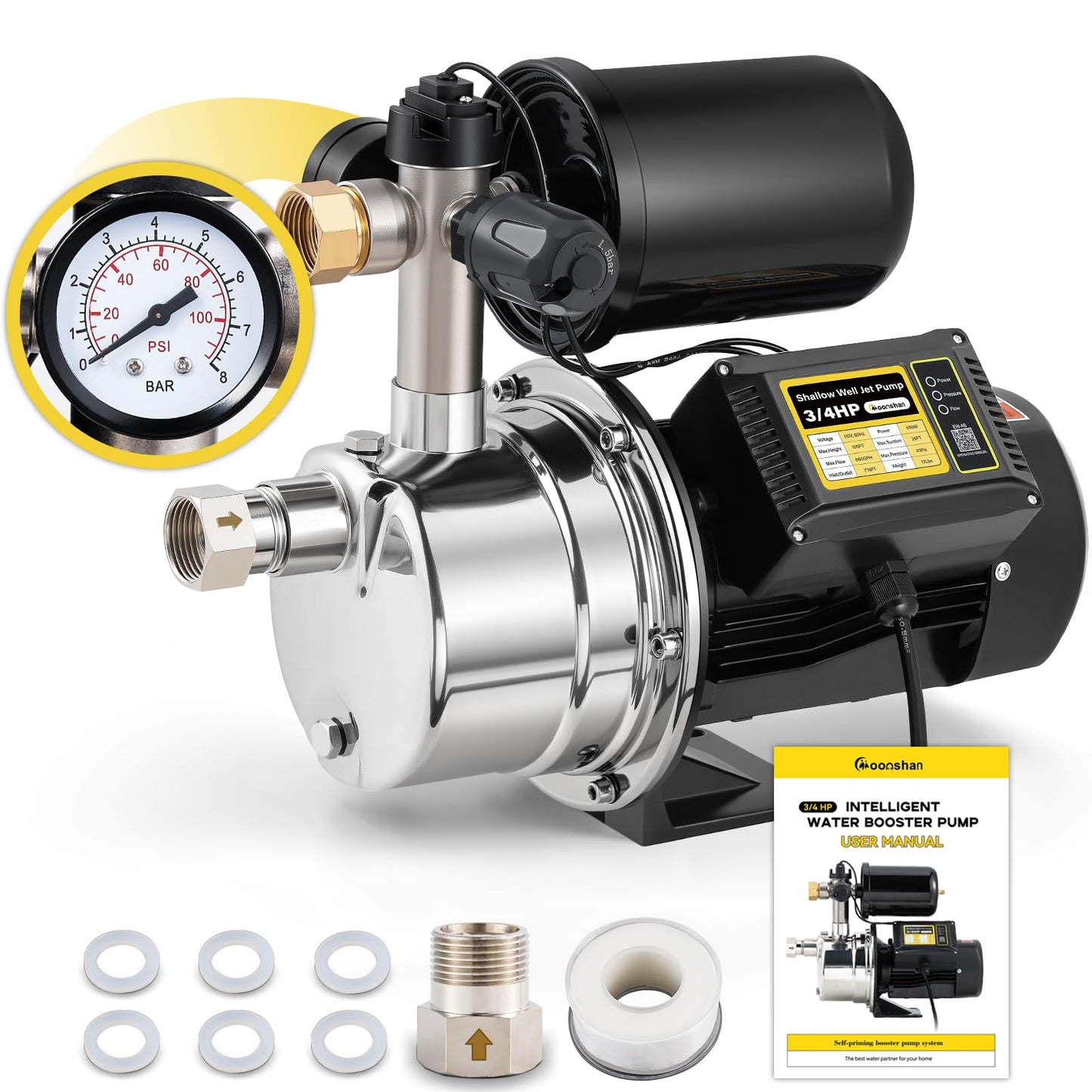 Moonshan 3/4 HP Water Pressure Booster Pump for Home 1050GPH Shallow Well Jet Pump with Pressure Tank Auto ON/OFF Stainless Steel Self-Priming System Pressure Switch for Whole House, Garden, Lawn