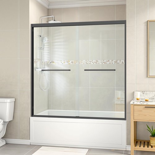 Double Sliding Bathtub Door Glass Tub Door, 1/4''(6mm) Tempered Glass, Adjustable Width, Easy to Install & Clean, 56-60''W×58''H, Matte Black