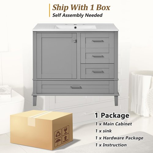 Mirightone 36" Bathroom Vanity with Sink, Bathroom Vanities 36 Inch with Sink, 36 Bathroom Vanity with Top Including 3 Drawers and 1 Soft Closing Door, Vanity with Sink for Bathroom (Grey)
